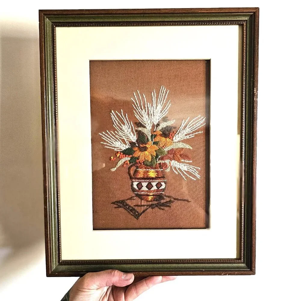 Pair of Mid Century Crewel Wool Framed Art Pieces - Picture 2 of 6